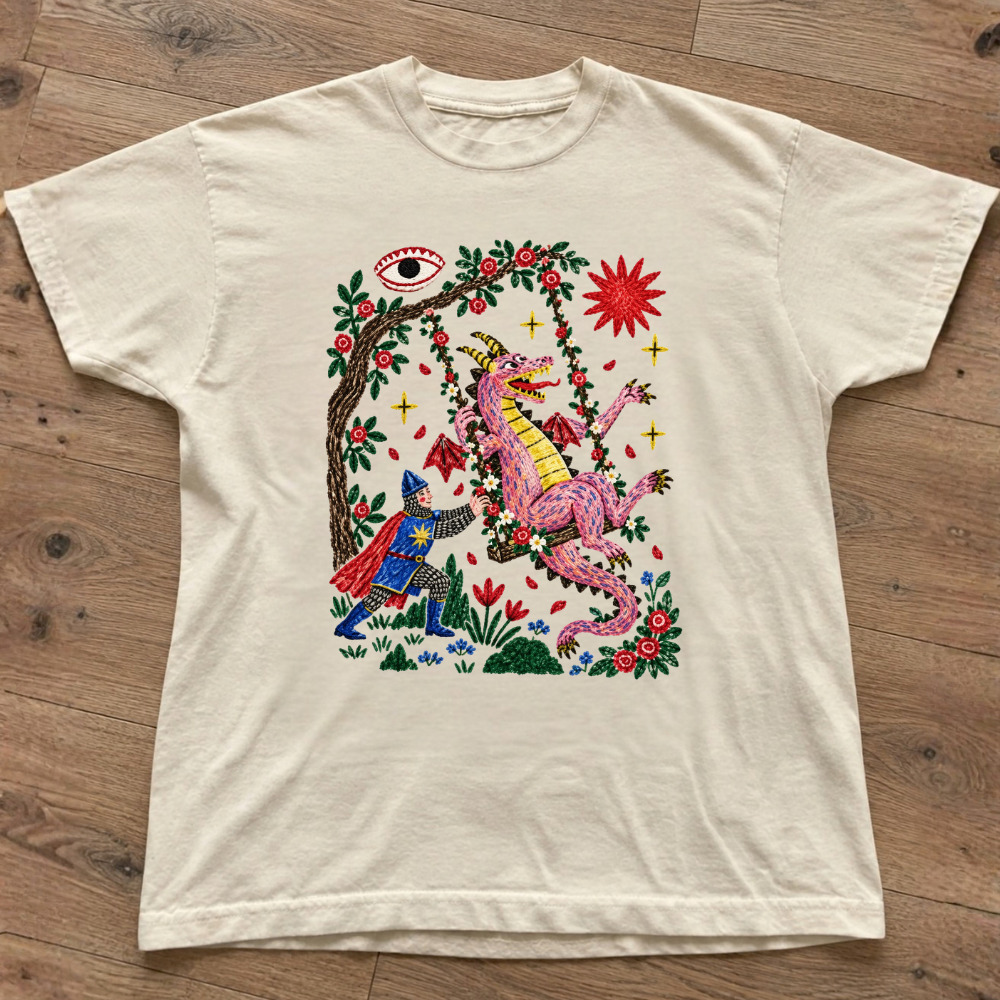 Pink Dragon Knight Swing All Seeing Eye Folk Art Vintage Natural T-Shirt